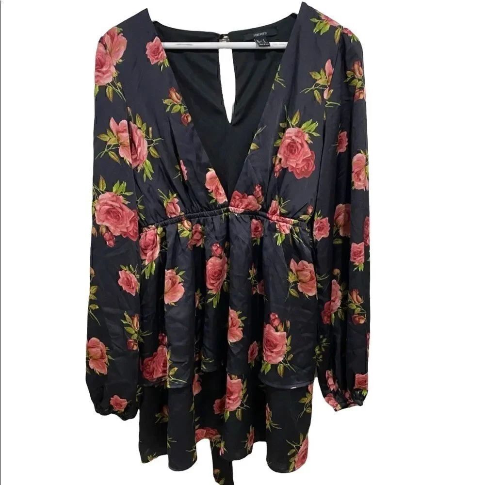 Forever 21 Y2K Black Rose Print Belted Dress baby doll – Large Romantic Grunge